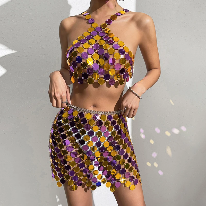 

Women Purple Gold Halter Acrylic Metallic Chainmail Crop Top And Mini Skirts Sequin Disc Skirt And Top