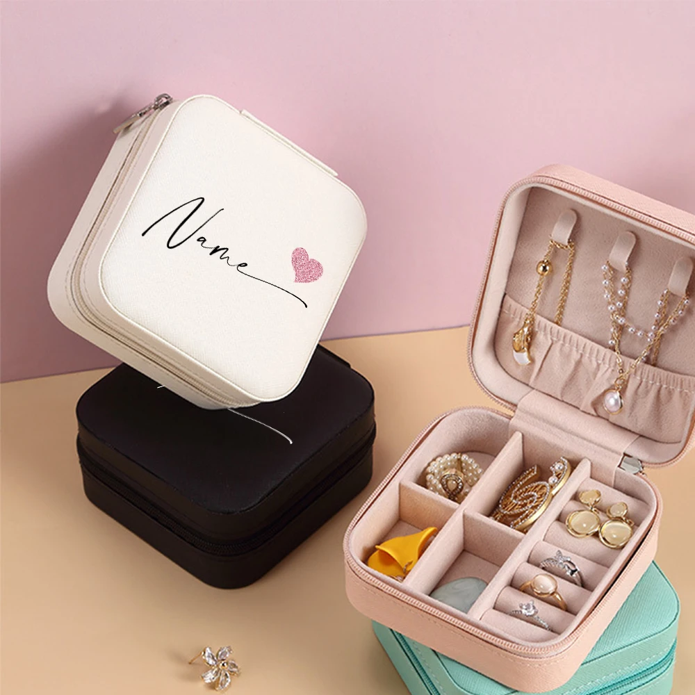 Custom Name Cute Heart Women Jewelry Organizer Bag Bridesmaid Gift Luxury Leather Ladies Portable Jewelry Box Home Storage Case