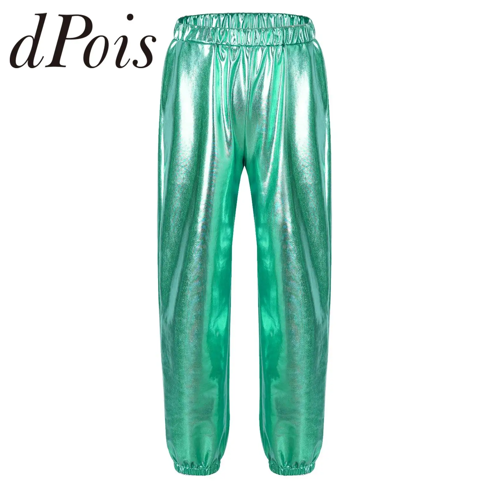 Kid Girls Metallic Elastic High Waist Jazz Dance Pants Hip Hop Trousers Shiny Dancewear Costume Fashion Children's Streetwear