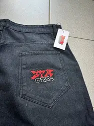 Pantalones informales Y2k para hombre, ropa de calle de mezclilla de pierna recta lavada, ajuste suelto bordado, pantalones Cargo de roca, pantalones vaqueros holgados de pierna ancha