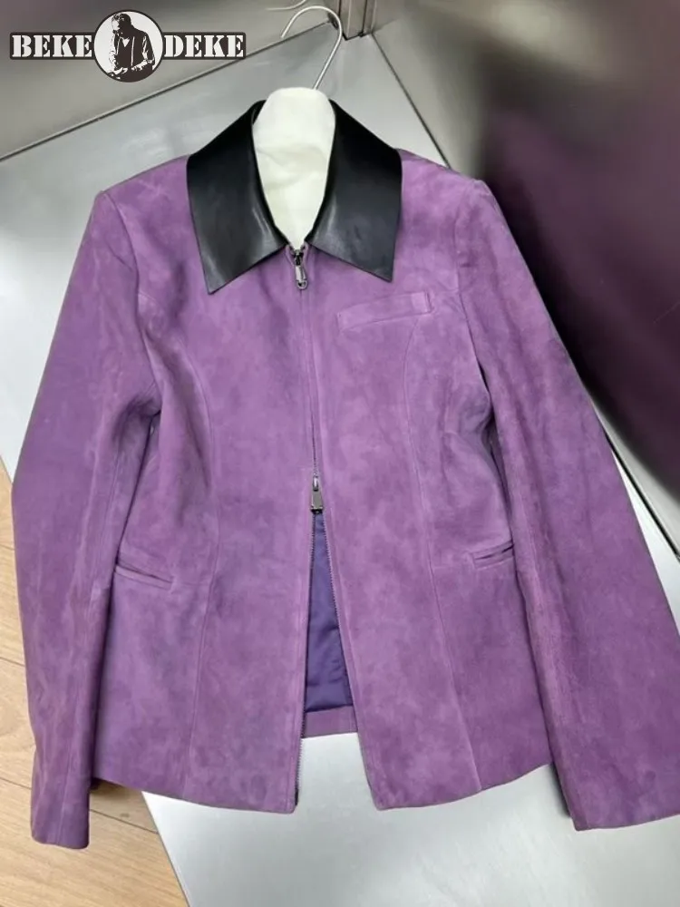 高品質の女性用本革ジャケット、スリムフィット、ジッパー付き、長袖、春用、スプライス加工、ラペル付き、オフィスレディース、スエードシープスキンコート