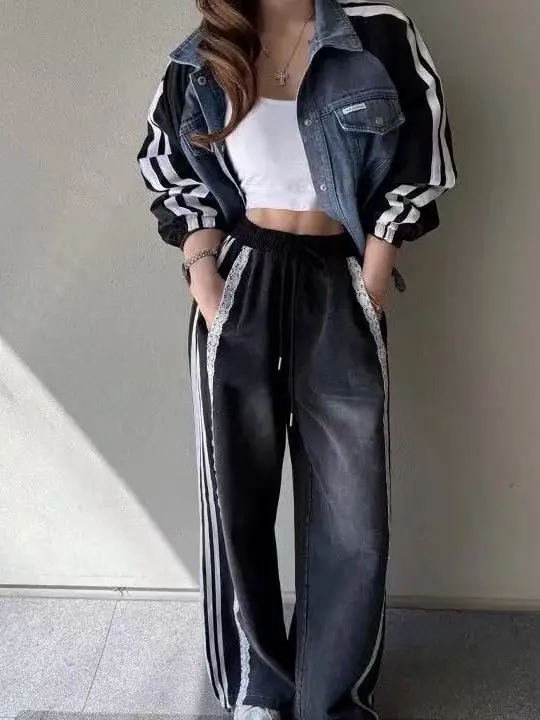 الرجعية الدنيم Jaet مجموعة المرأة الخريف الشتاء المرقعة الدانتيل عالية الخصر عادية بنطال ذو قصة أرجل واسعة قطعتين مجموعة Faionable فرقة