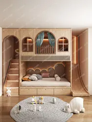 Children's Room Whole House Custom Slide Tree Hole Bed Solid Wood Upper and Lower Bunk Bunk Bed High Guardrail Sisterand Brother