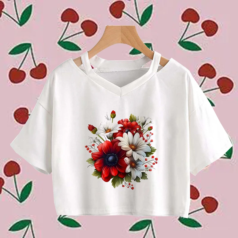 

2000s Vintage Casual Flower Pattern Women Crop Top Fashion Short Sleeve O-Neck Slim T-shirts Y2K Streetwear Harajuku Gothic Tees