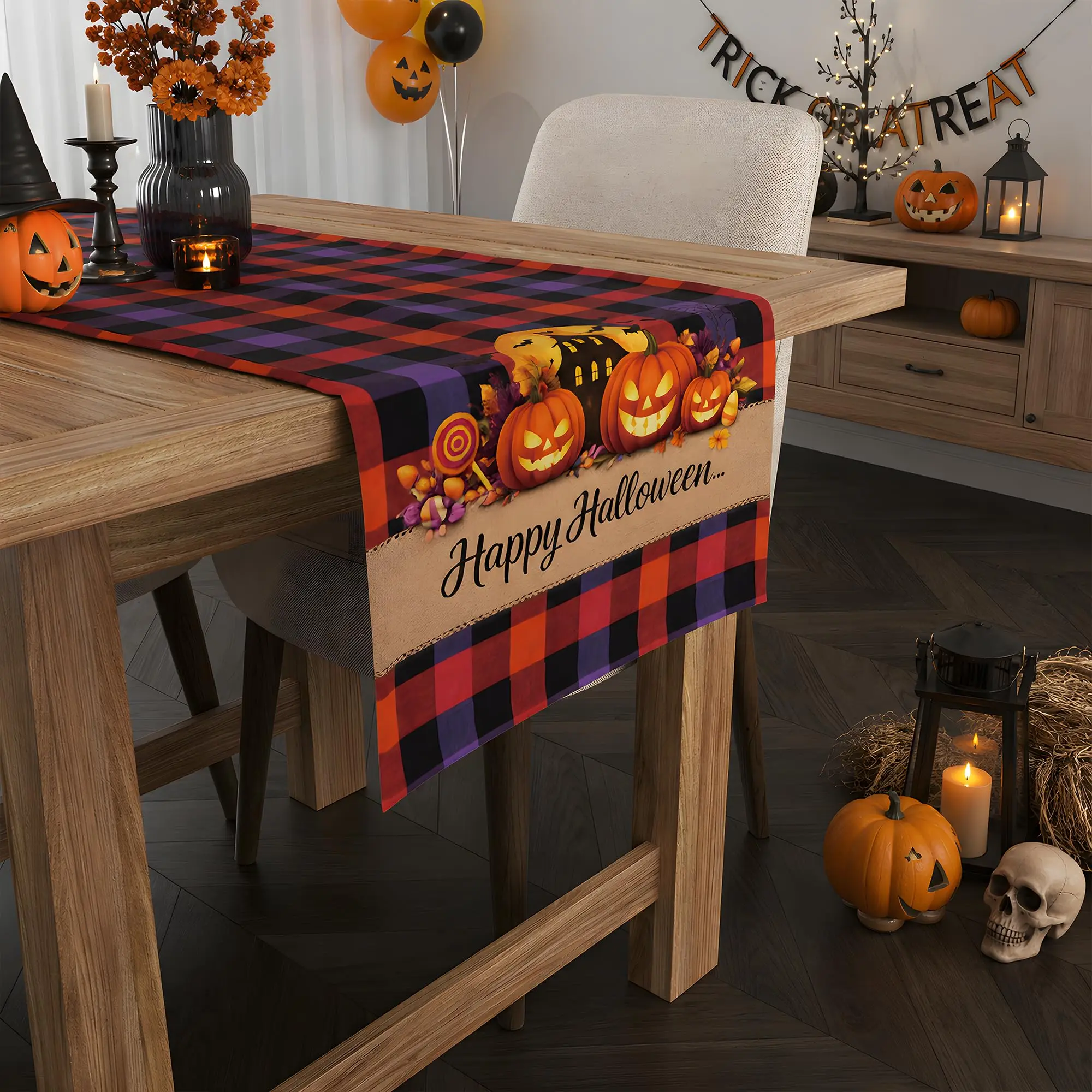 Happy Halloween Table Runner, Red Purple Black Buffalo Plaid with Haunted House Pumpkin Print, Fall Holiday Dining Table Decor