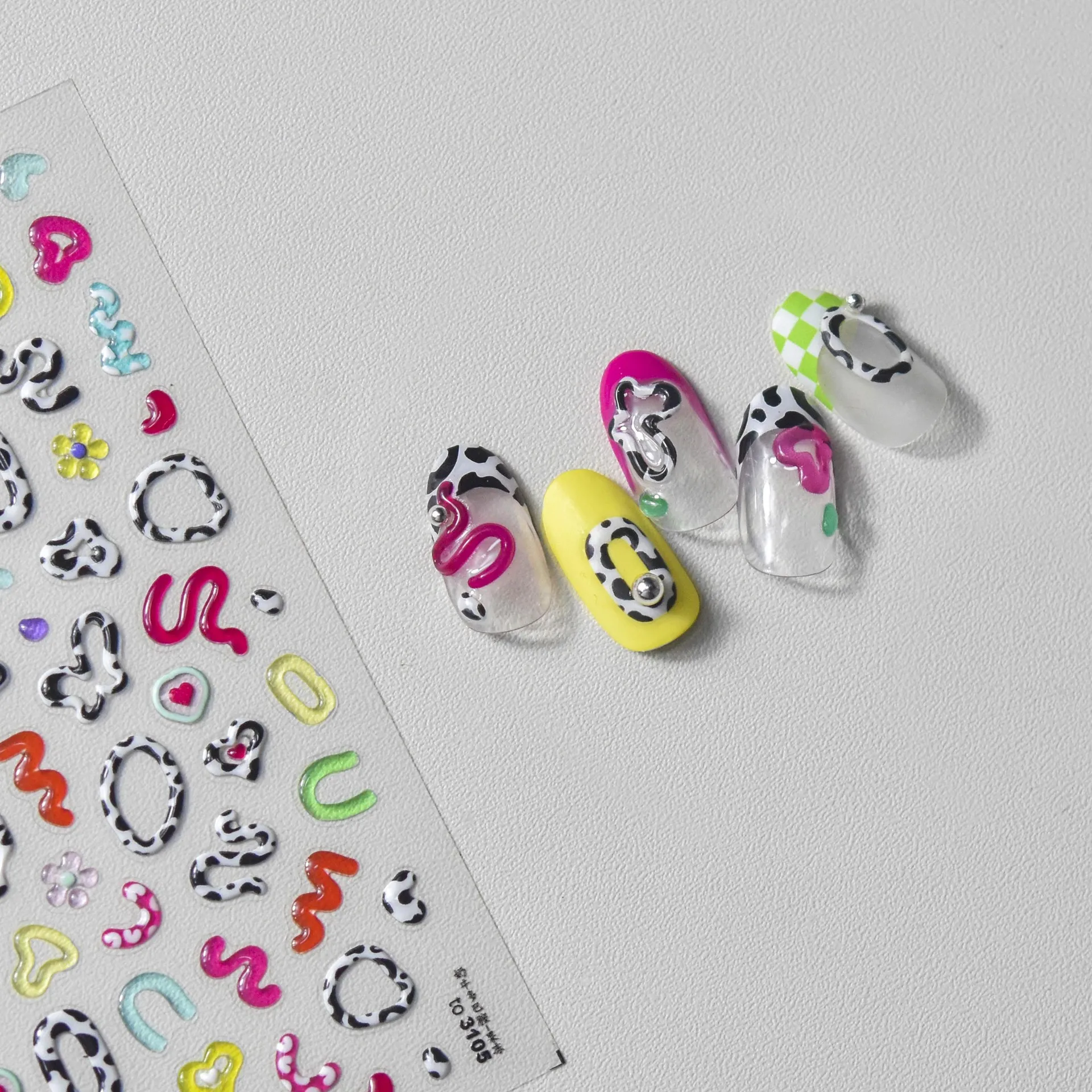 5D Realistic Jelly Relief Cow Leopard Love Heart Wave Cartoon Face Emote Adhesive Nail Art Stickers Decals Manicure Ornaments