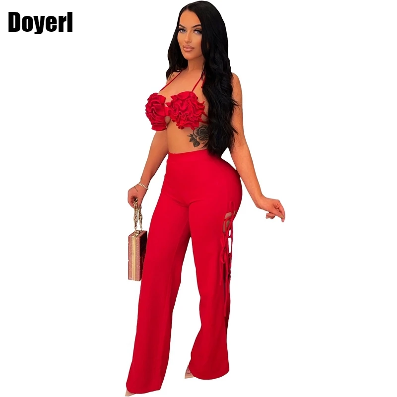 Summer Two Piece Pants Set Women Elegant Flowers Crop Top + Wide Leg Pants Suits Matching Sets Sexy Club Beach Outfits for Women