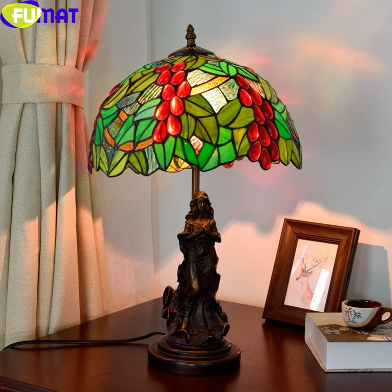 

FUMAT Tiffany Style Dimming Desk Light Grape Vine Orchid Graden Stained Glass Shade Reading Girl Elk Frame Arts Elk Table Lamp