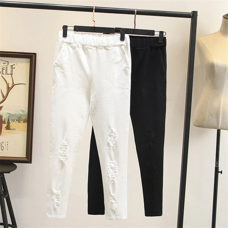 

Spring Autumn New Women's Ripped Jeans Slim Fit Slimming Holo Ripped Cropped Pants Solid Loose Small Leg Capri Pants Trendy