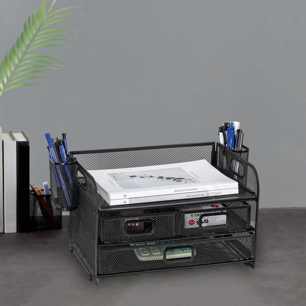 Desktop File Rack Mesh Desk Organizer with 3 Drawers Pen Holders Carbon Steel Frame File Folder Rack for Office Supplies