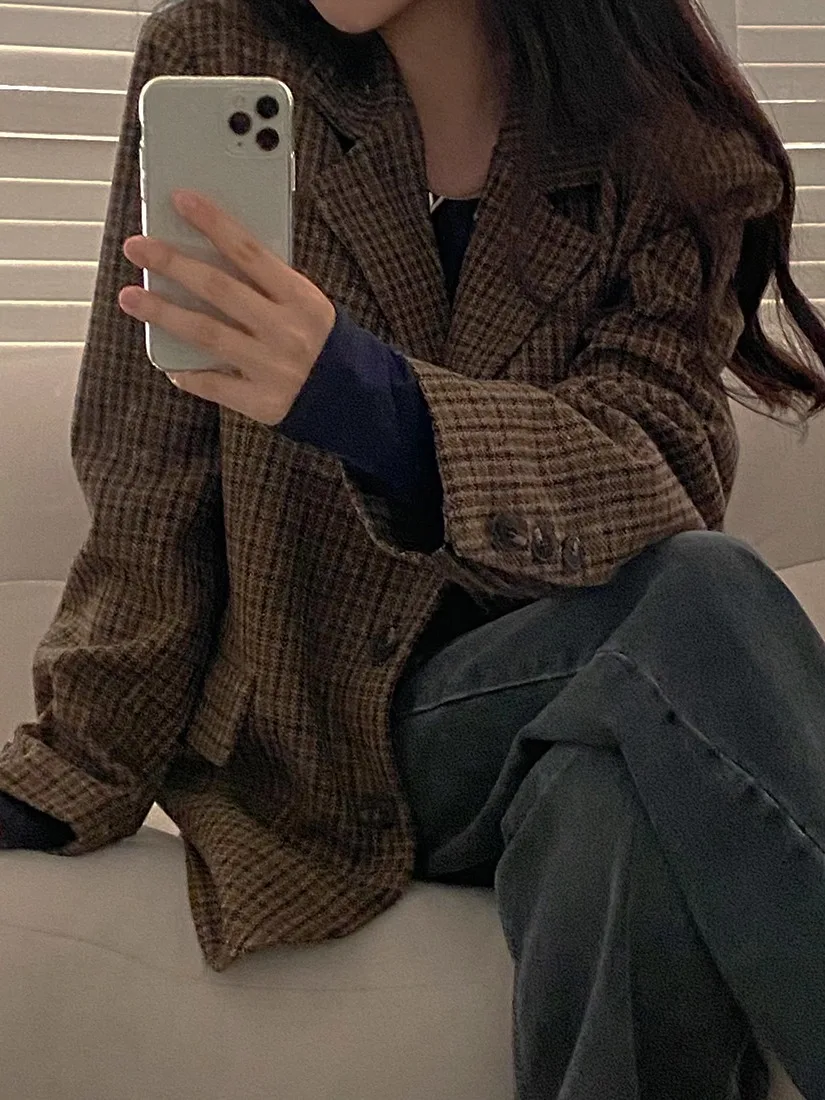 JLINS Ретро клетчатый костюм Jaet для женщин осень-зима корейский Sle длинный свек на пуговицах повседневная верхняя одежда