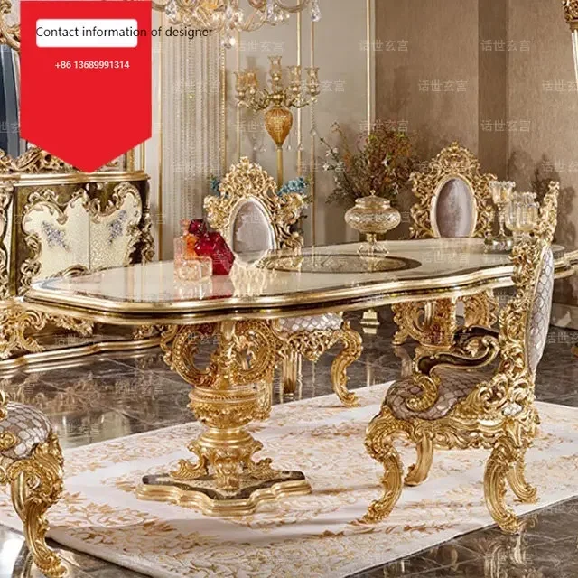 

French palace villa dining table European solid wood custom luxury Italian gold foil upscale