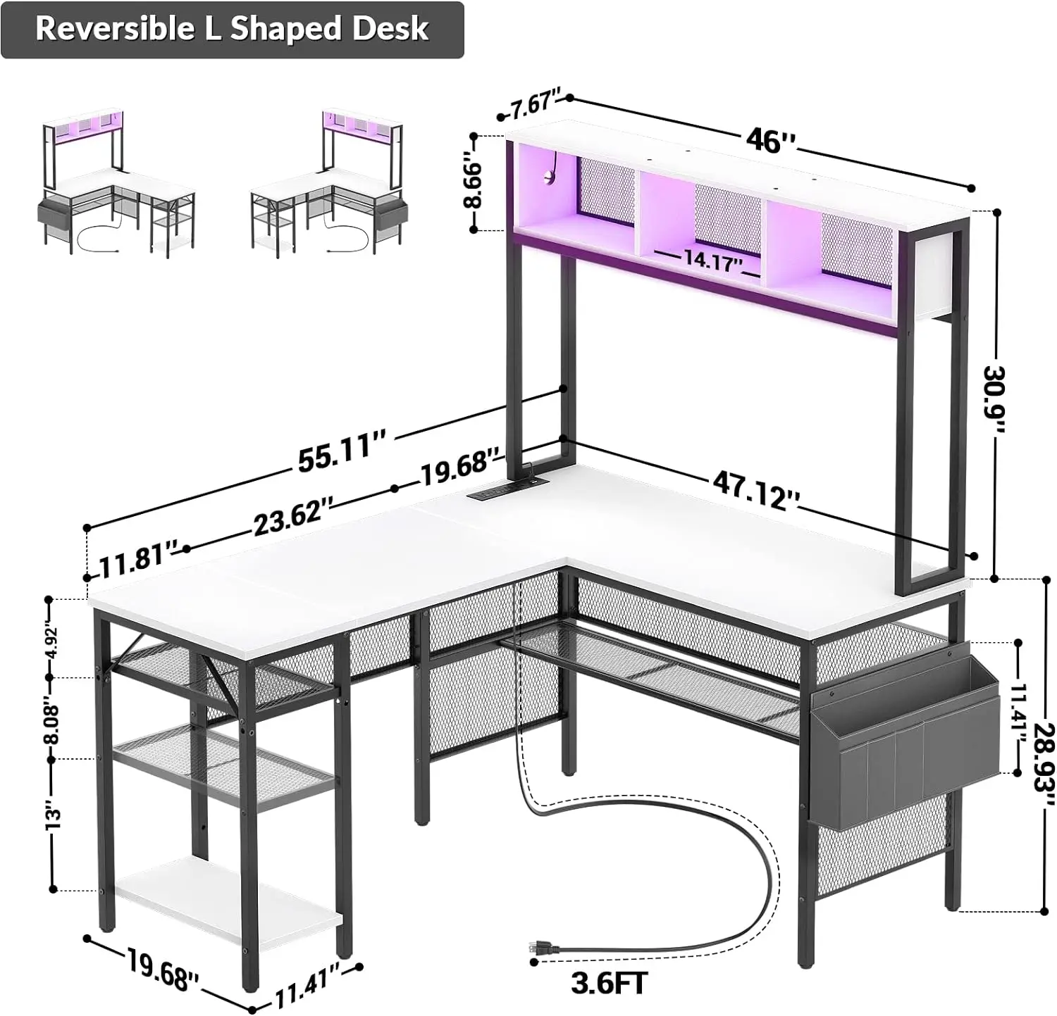 L Shaped Computer Desk with LED Strip and Power Outlets, Storage Shelves and Bag