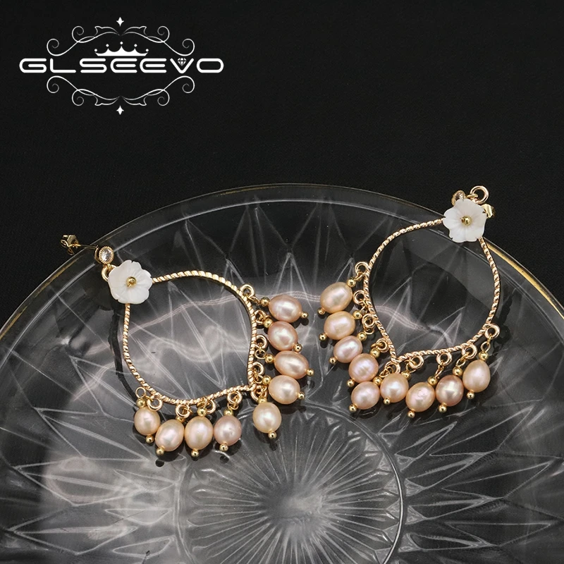 GLSEEVO Natural Pink Freshwater Pearls 18k Electroplated Gold Shell Flowers Drop Earrings vintage Luxury Wedding Jewelry GE1245 3