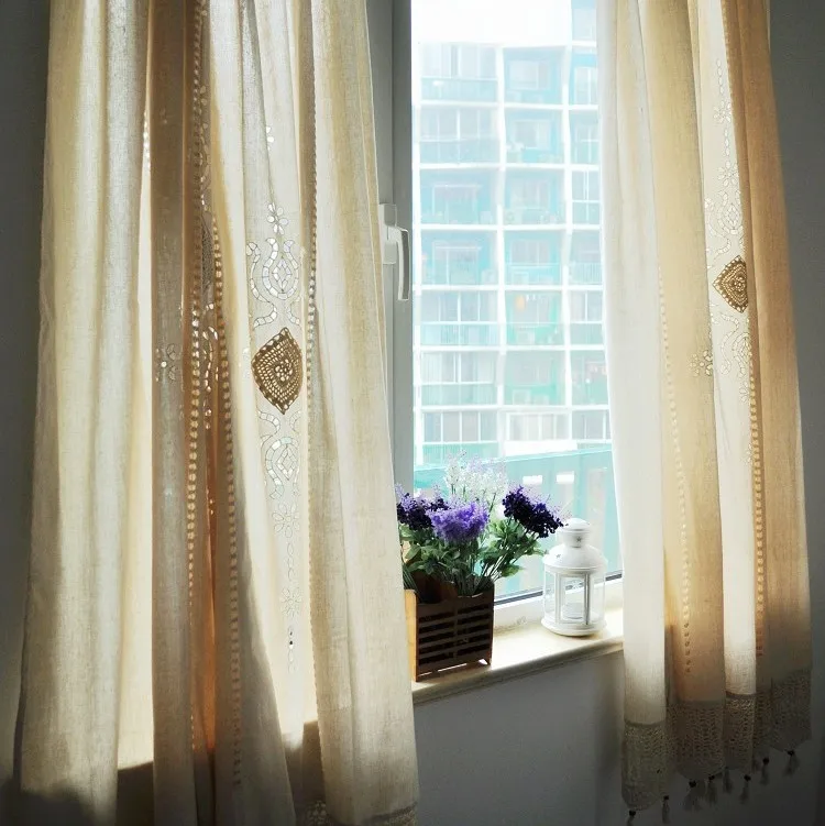 

Premium 100% Cotton Blackout Curtains for Living Room Bedroom Retro Hand Crochet Kitchen Curtain Blinds with Tassels Tap Top