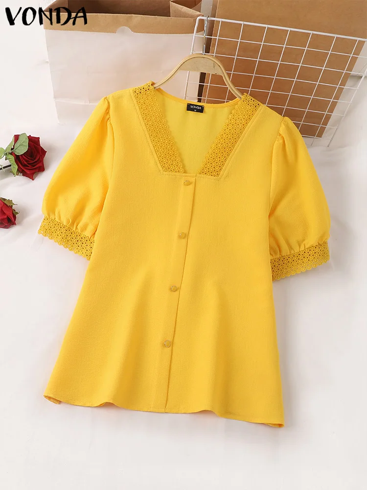 VONDA Women Lace Shirts 2024 Summer Tops Fashion Sexy V-Neck Casual Solid Color Blouses Elegant Short Puff Sleeve Loose Blusas