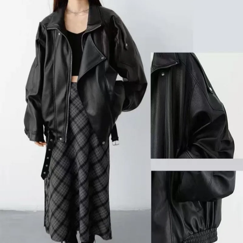 HELLOMARCEL US EU Size Luxury Quality Women Faux Leather Jacket Heavy-Duty Oversize Vintage Washed Motorcycle Jacket