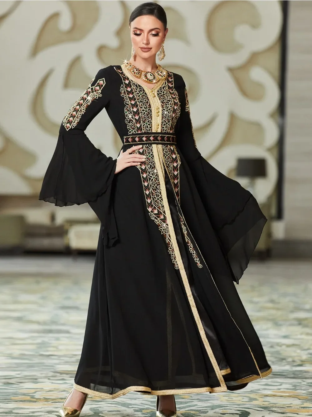 Eid Muslim Dress for Women Abaya Flare Sleeve Diamond Jalabiya Embroidery Morocco Party Dresses Dubai Abayas Kaftan Vestidos