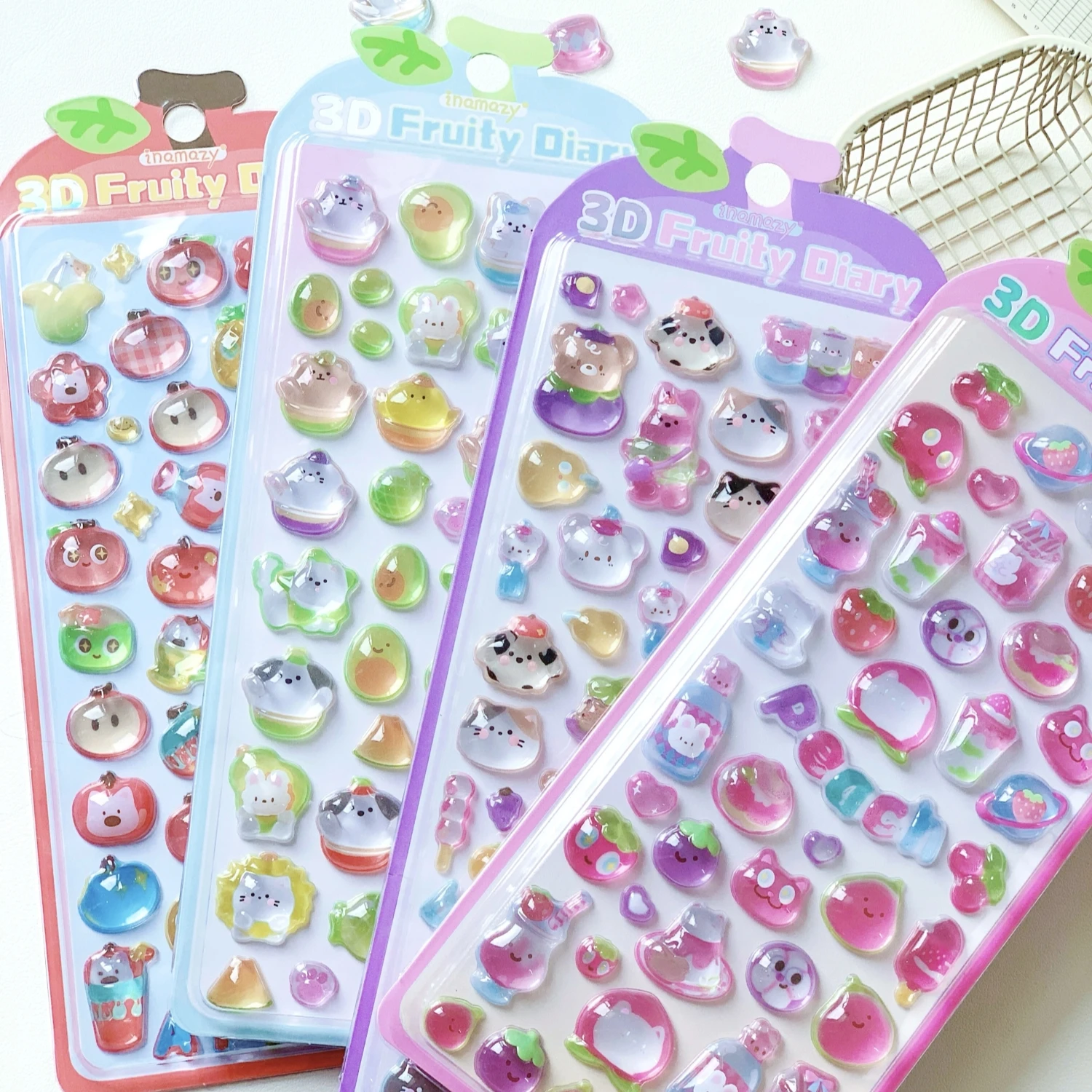 1 pc/4 pcs Cartoon Fruit Diary Drop 3D Relief Stickers Scrapbooking DIY Journaling Stationery Diary Decor School Cute Stickers