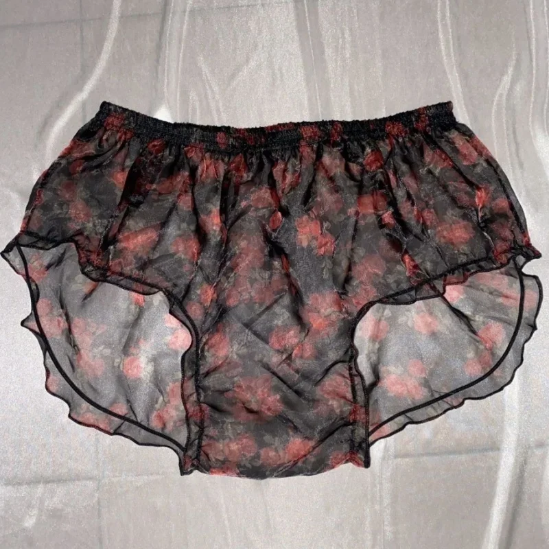 Couple Transparent Sexy Briefs Silk Smooth Underwear Ruffled Flower Soft Scarless Silky Touch Sissy Erotic Panties Private Party