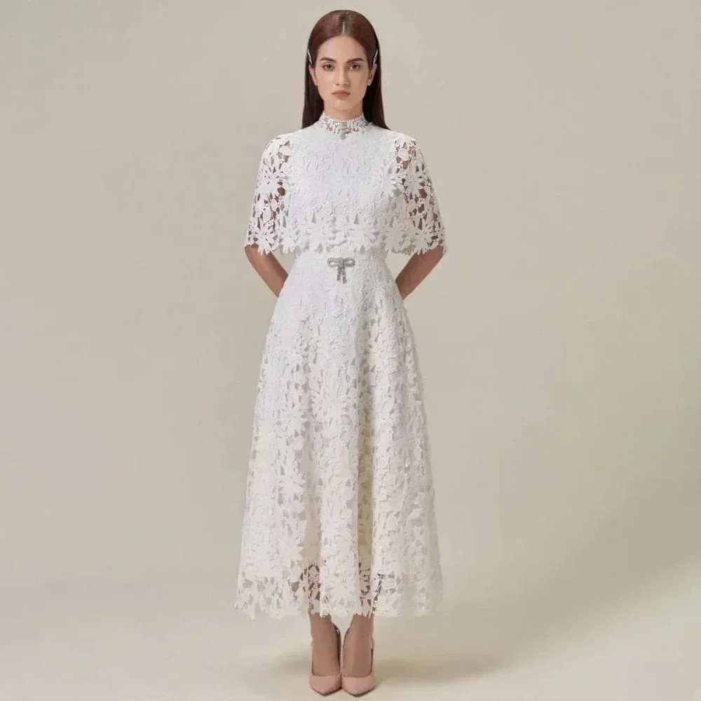 

Classic Lace Pattern Sequined A-line O-Neck Midi Dresses Prom Dresses Exquisite Modern Style Party Gowns for Women Customized