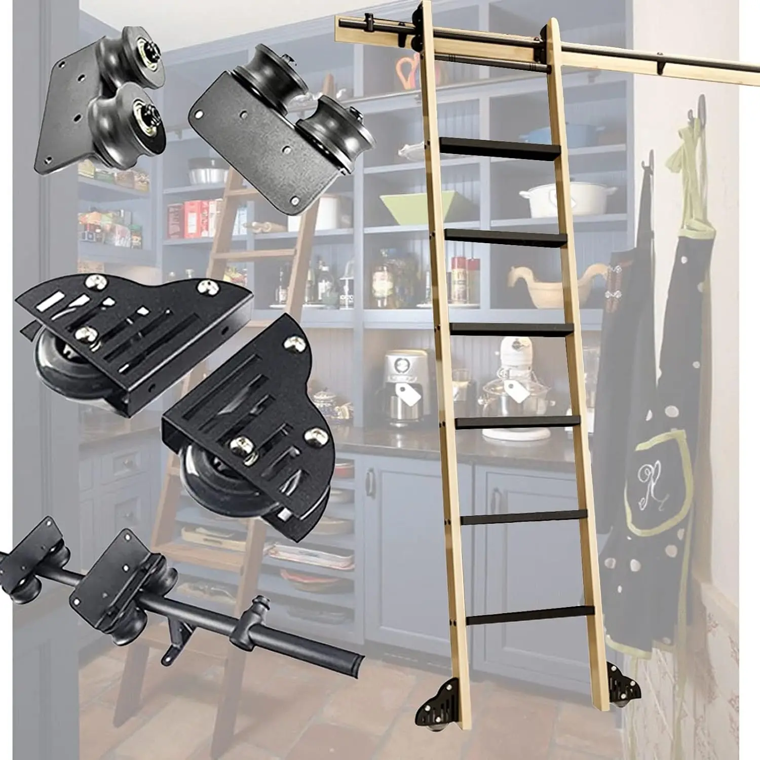 Asxcaq Sliding Barn Door Hardware Kit (No Ladder), Rolling Ladder Hardware Library With Floor Rollers +Extension Track For