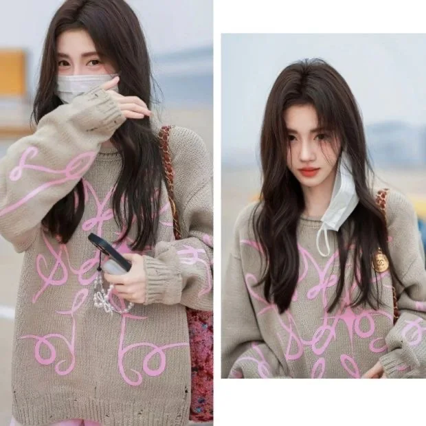 Ju Jingyi celebrity same style khaki autumn and winter new item graffiti jacquard perforated loose sweater lazy style retro knit