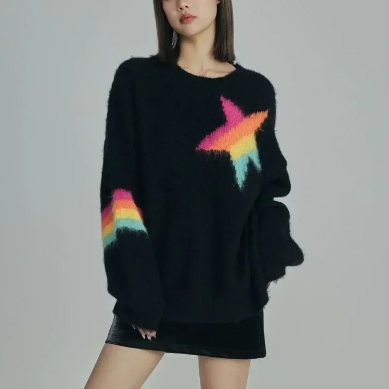 Mohair Black O-Neck Sweater High Street Y2k Rainbow Striped Star Sueter Mujer Mid Length American Retro Pullovers Women