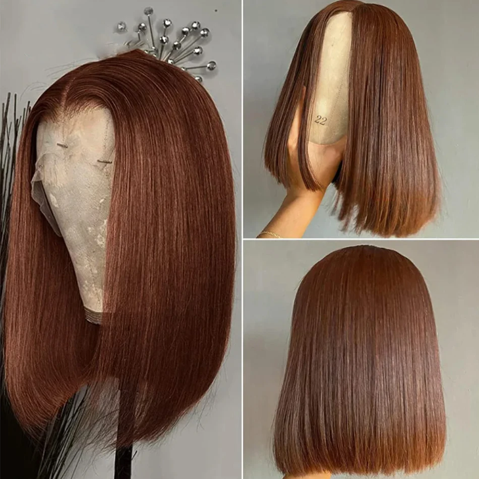 Perruque Bob Brésilienne Naturelle, Cheveux Courts Lisses, Brun Chocolat, 13x4, Dentelle Transparente, pour Femme