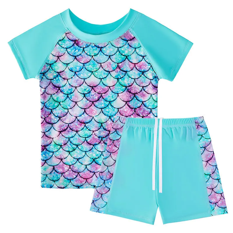 Children Fish Scale 3D Printing Split Bathing Suit Mermaid Swimsuits 4-12Years Kids Short Sleeves T-shirt+ Shorts Two-piece Suit