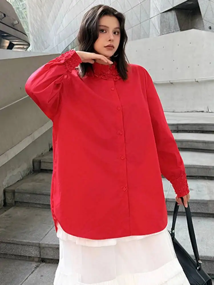 

Женская красная блузка с рюшами больших размеров, элегантная, с воротником-стойкой, длинным рукавом, модная, весна-осень