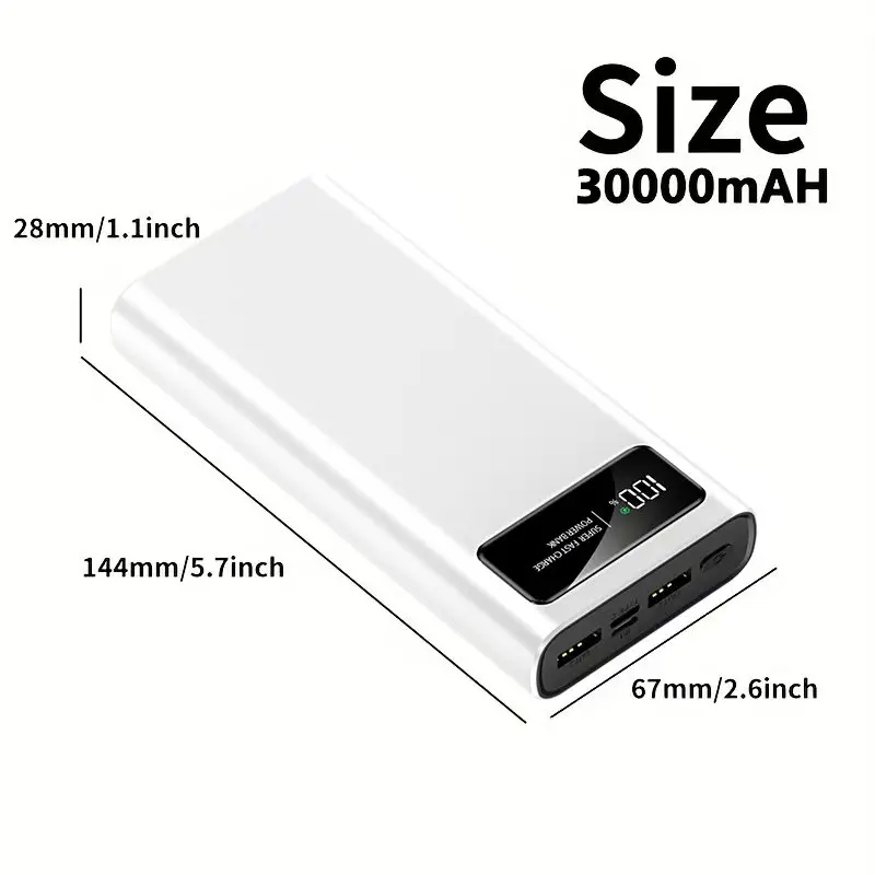 30,000mAh high-capacity portable power bank—an emergency backup battery pack for outdoor use featuring super-fast charging and support for charging multiple devices.