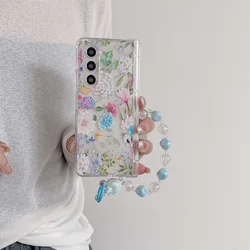 For Samsung Galaxy Z Fold 6 5 4 Case Flowers Painted Bracelet Transparent Shockproof Hinge Protection Hard Back Case Accessories