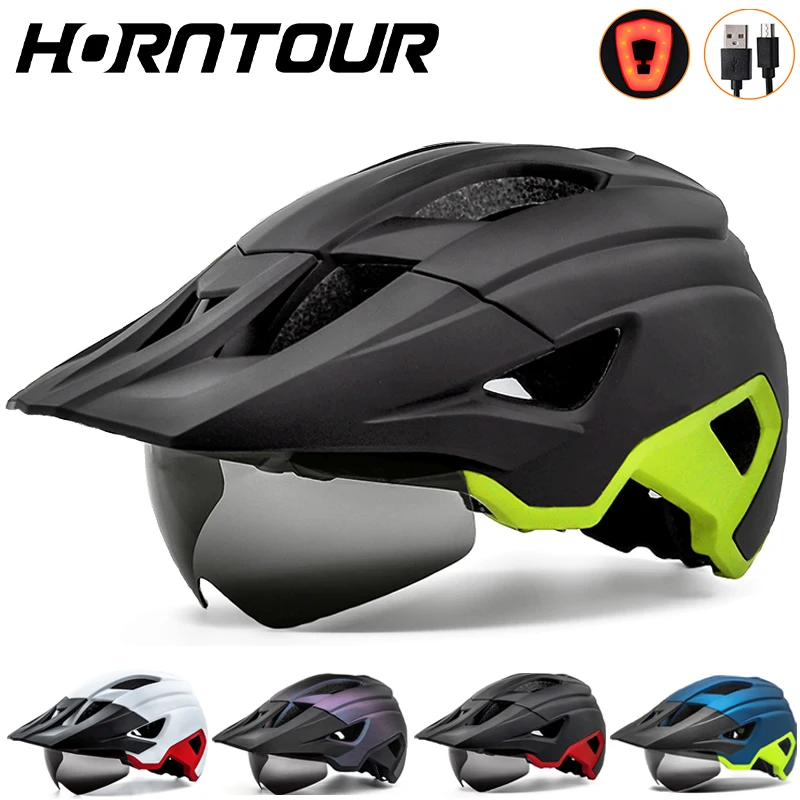 

Horntour Adult Bike Helmets With Magnetic Sun Goggles Visor Rechargeable LED Men Bicycle Helmet Shield Road MTB Cycling Helmet