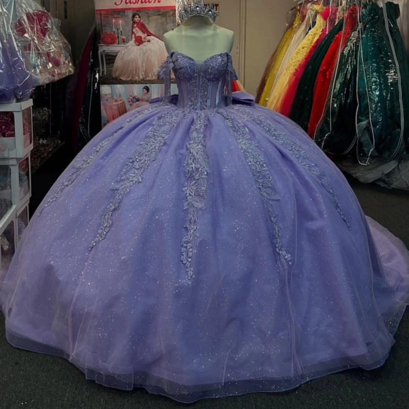 

Lavender Shiny Quinceanera Dresses Ball Gown Off The Shoulder Applique Beading Bow Tull Corset Party Birthday Sweet 16 Dress