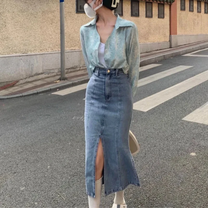 High Waist Vintage Split Fishtail Denim Skirt Women Summer Autumn Casual Sexy Ladies Midi Skirt Female Clothes Cheap Wholesale