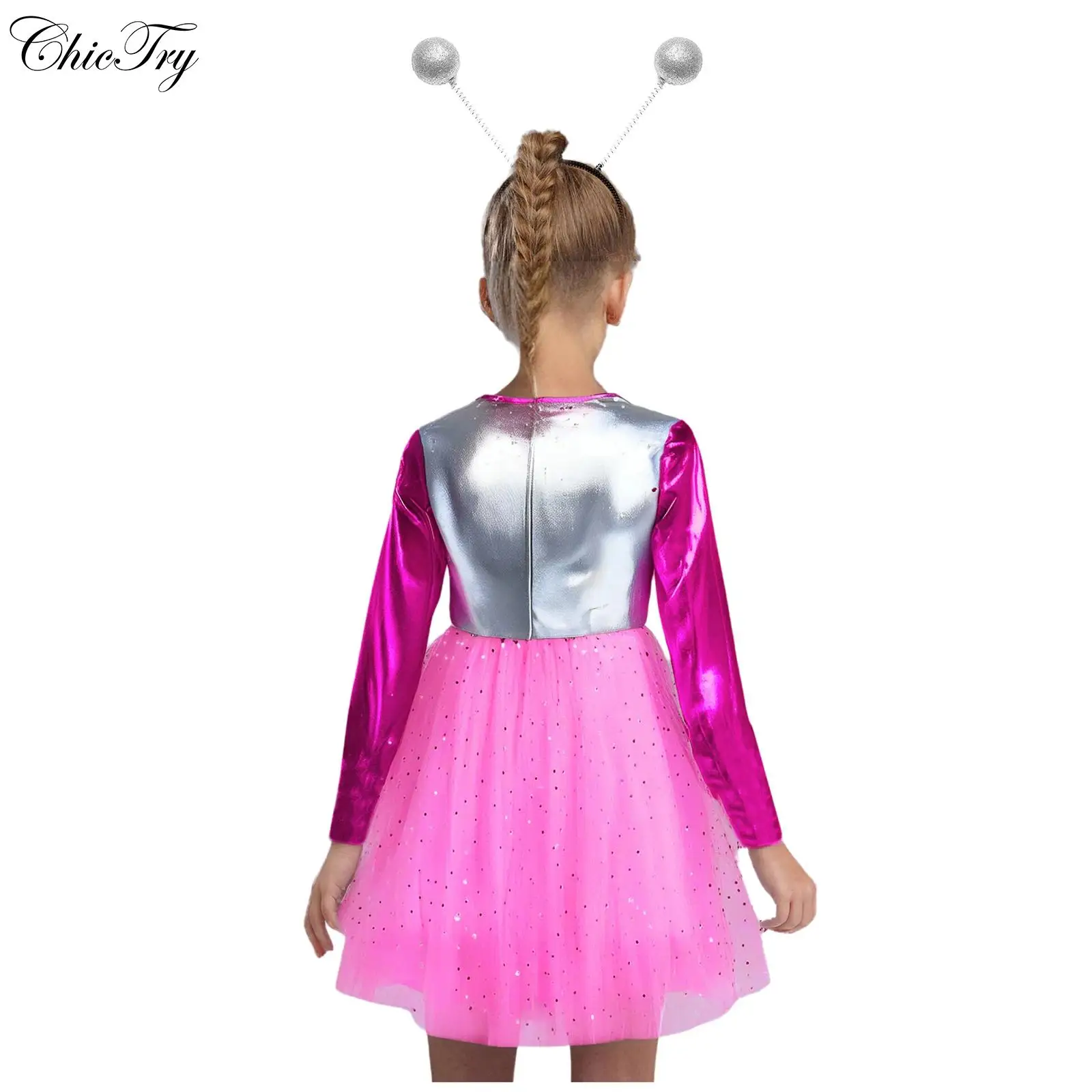 Disfraz de alienígena de Halloween para niñas, conjuntos de fiesta temática, vestido de Cosplay del espacio exterior, vestido de tul de lentejuelas de manga larga con aro para el pelo
