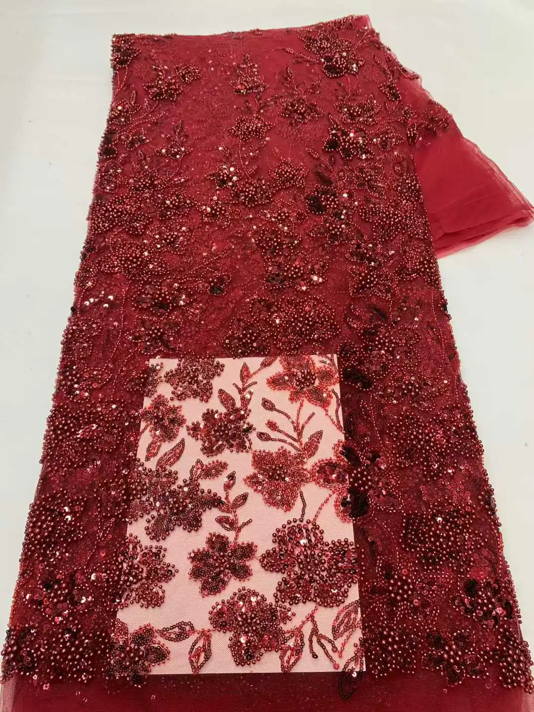 Kain Brokat Mewah Nigeria Peach 3D Berhias Mutiara Berkilau untuk Pesta, Kain Afrika Berhias Mutiara 2025, Gaun Pengantin Tulle Prancis Afrika Berkualitas Tinggi