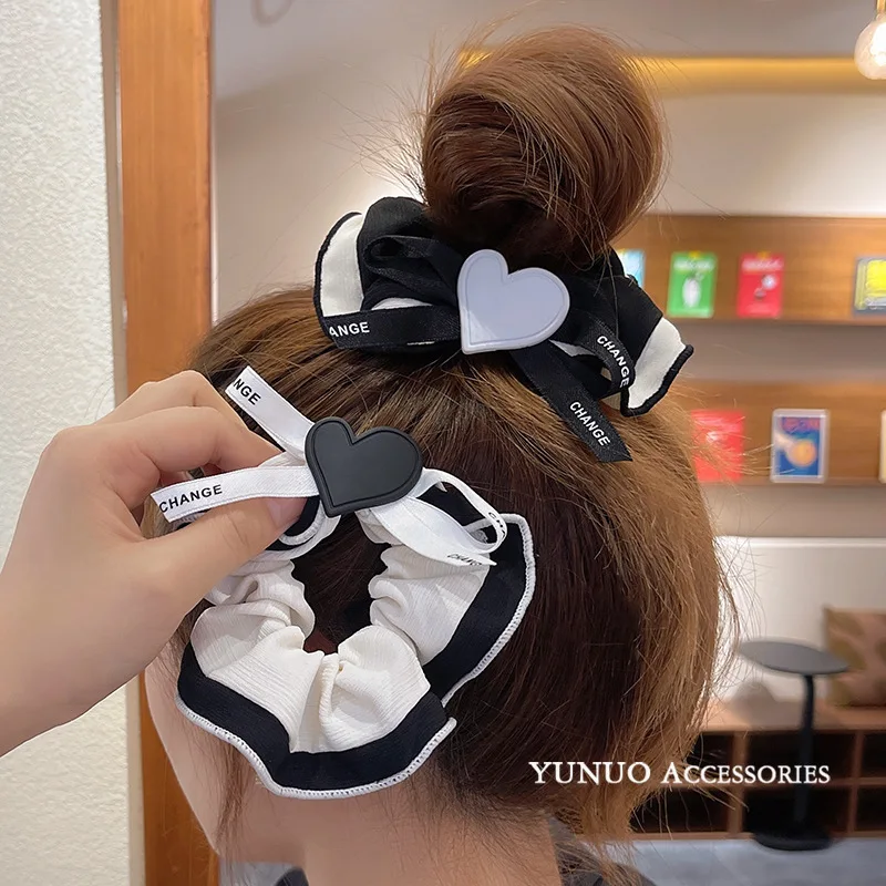 Classic Black White Bowknot Scrunchies French Ins Style Elegant Hair Ties Ponytail Hair Ribbon Fashion Women Hair Accessories