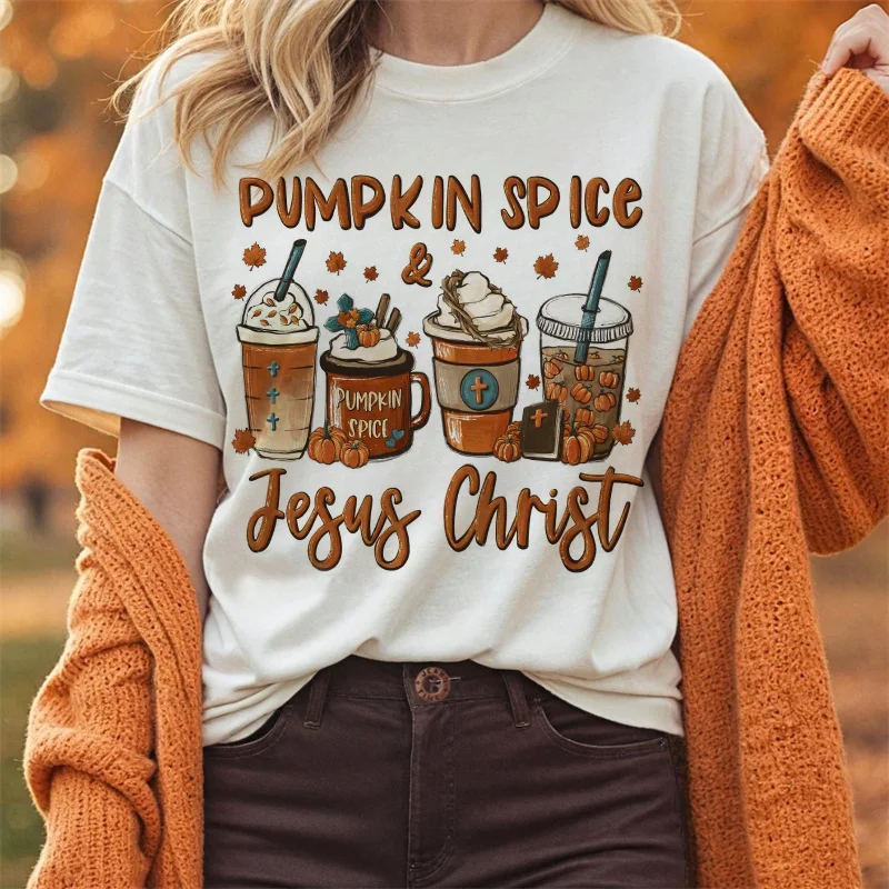 

Pumpkin Spicy Jesus Christ Pattern Printed Cute Popular T-Shirt Cartoon Women's Thanksgiving Style Top Autumn Casual T-Shirt
