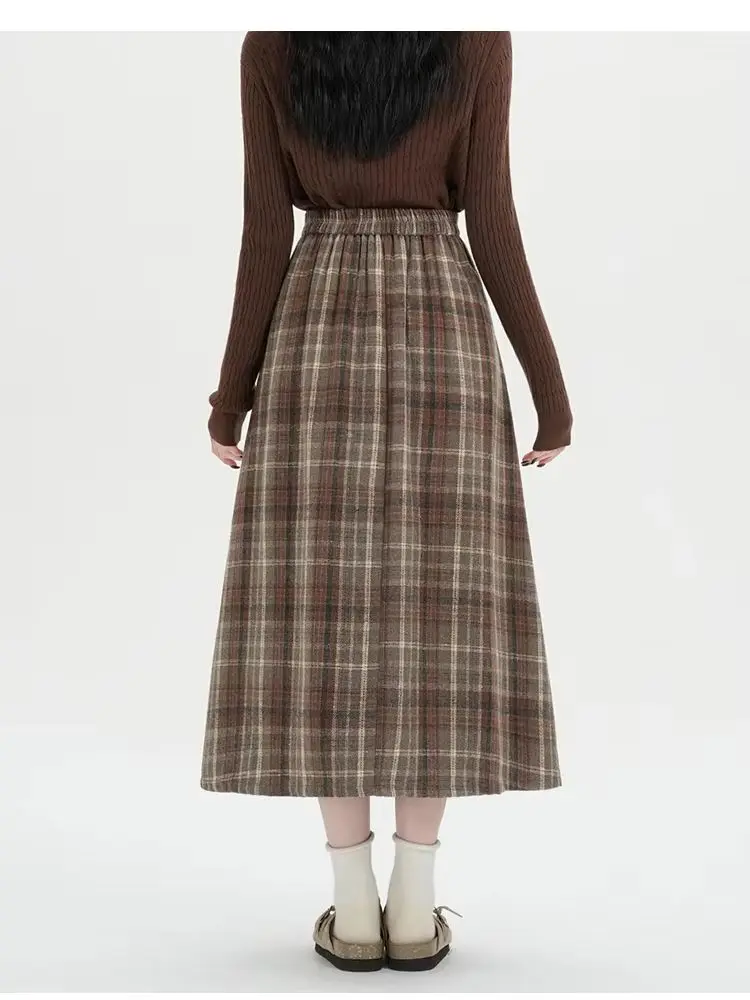 2026 Fall Winter Women‘s Plaid Pleated Midi Skirts High Waist A-Line Flared Swing Skirt Casual College Style