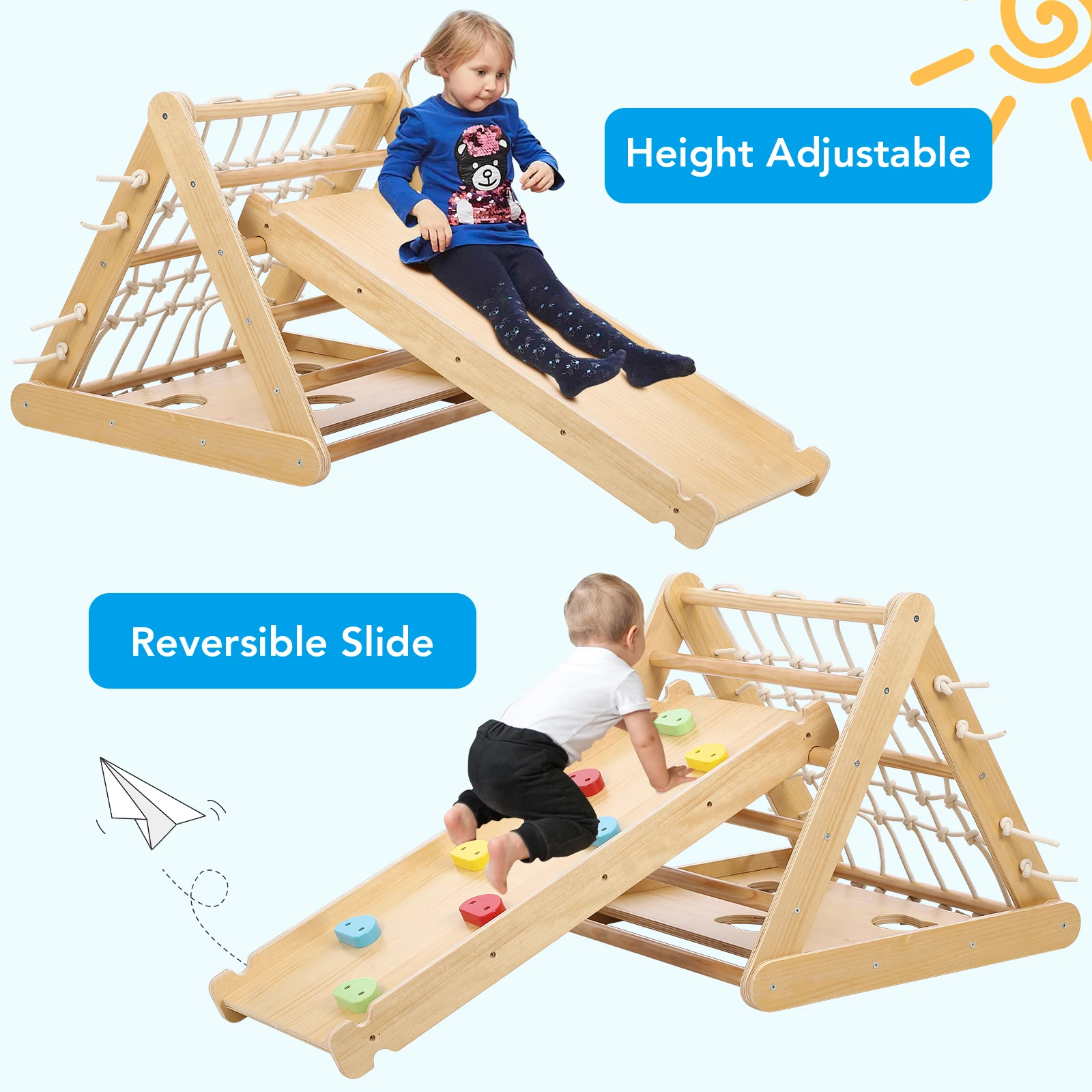 Indoor-Fitness-Spielset für Kleinkinder, 3-in1-Holz-Kletterspielzeug, 3-seitiger Holz-Dreiecks kletterer mit Klettern etz, Schiebe rampe, Sandsäcke