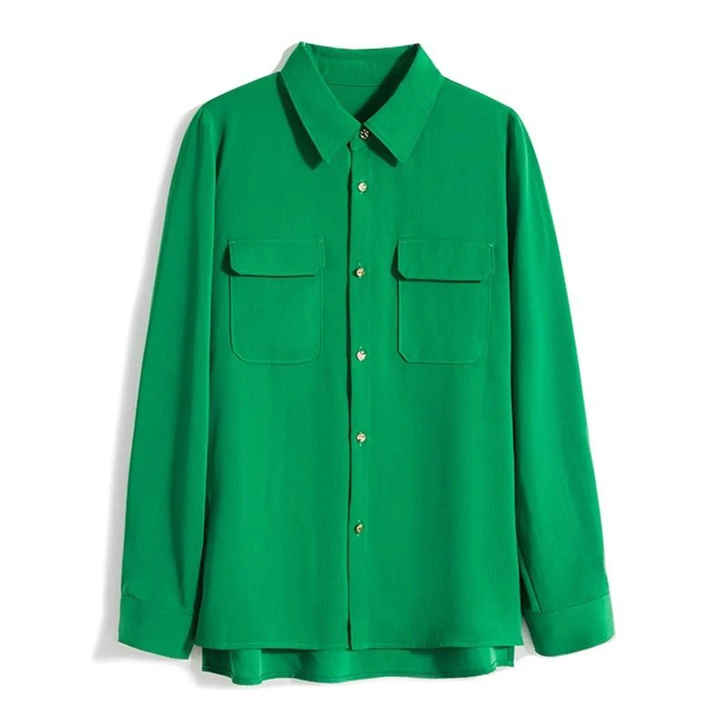 French Style Retro Elegant Green Long Sleeved Shirt Autumn New Fashion Casual Loose Versatile Popular Turn-down Collar Lady Top