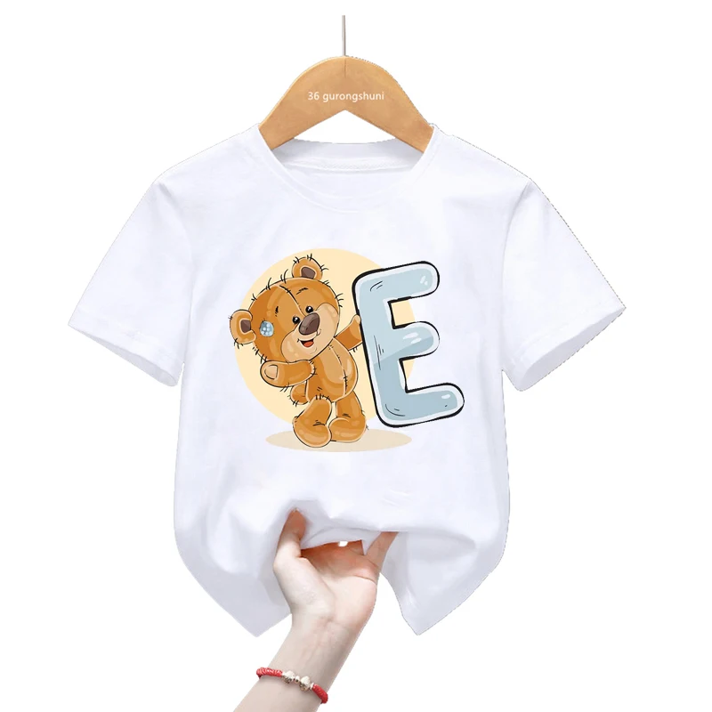 Kawaii Kids Clothes 26 Alphabet Bear Print Tshirt For Girls/Boys Name Custom Birthday Gift T Shirt Kids Clothes Harajuku Shirt