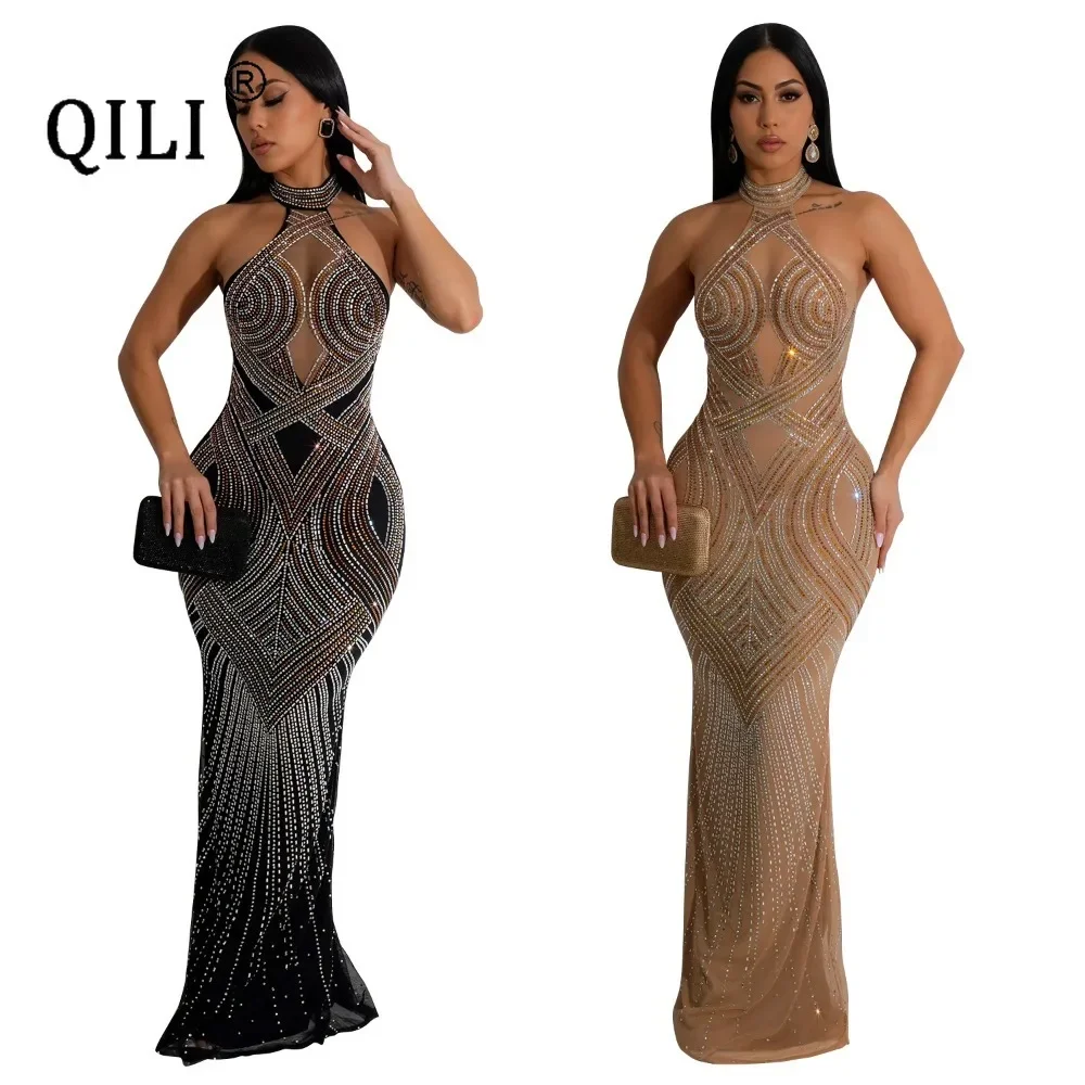 

QILI-Women's Sexy Backless Rhinestone Dress, See Through Long Robe, Nightclub Party, Bodycon Dresses, Female