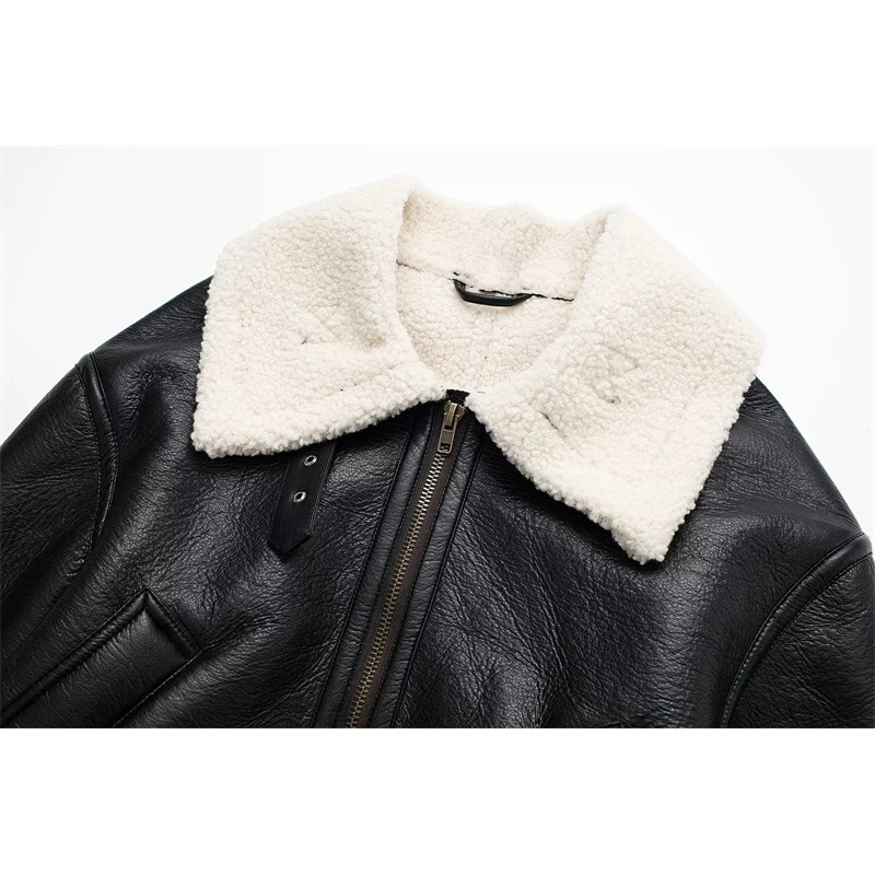 KUCLUT Winter Woman Fur Leather Short Jackets Female Thick Warm Turn-down Collar Coats Ladies Chic Outerwear