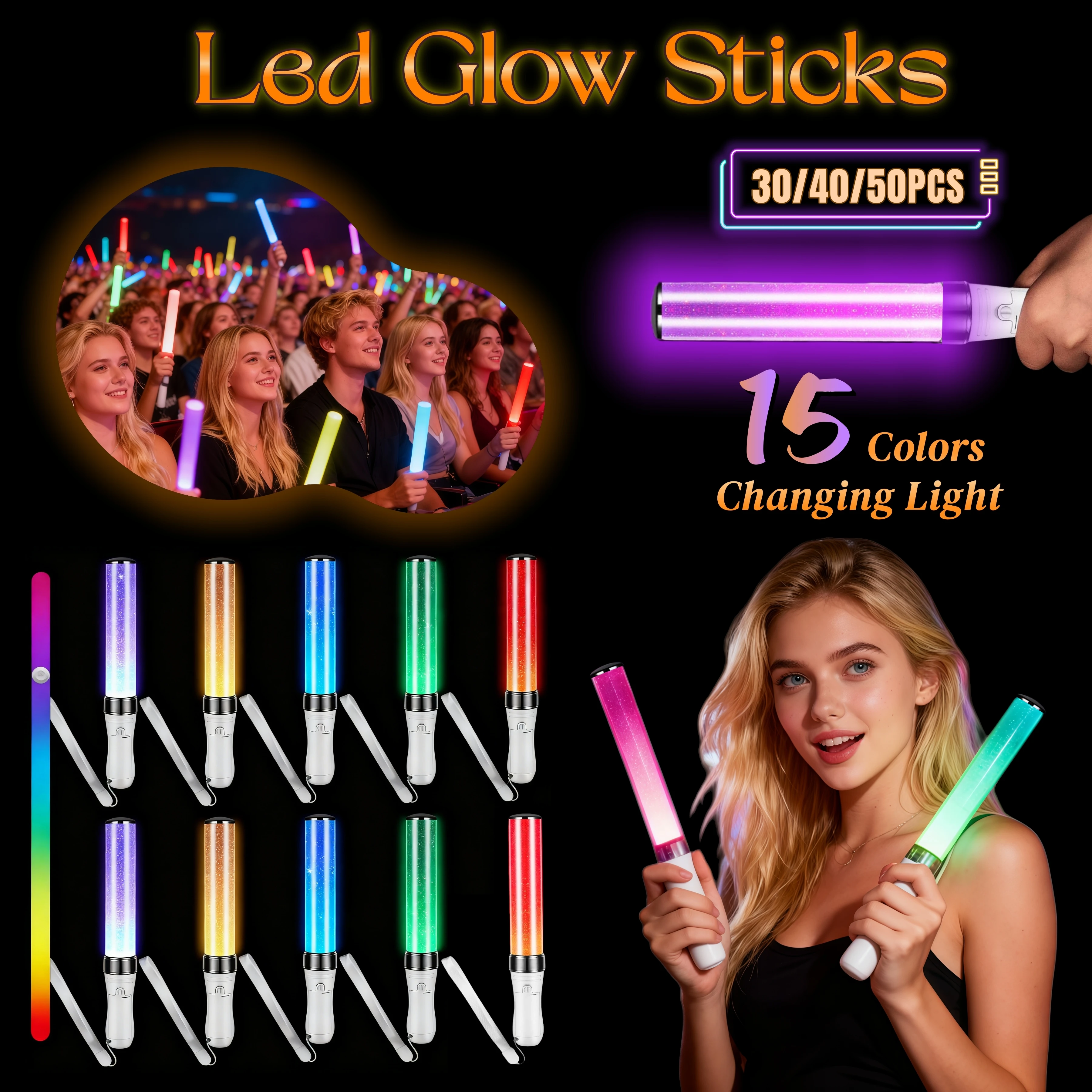 

30-50PCS Kpop Lightsticks Color Changing Glow Stick 15 colors Concert Support Stick LED Reusable Stick Wedding Party Favors