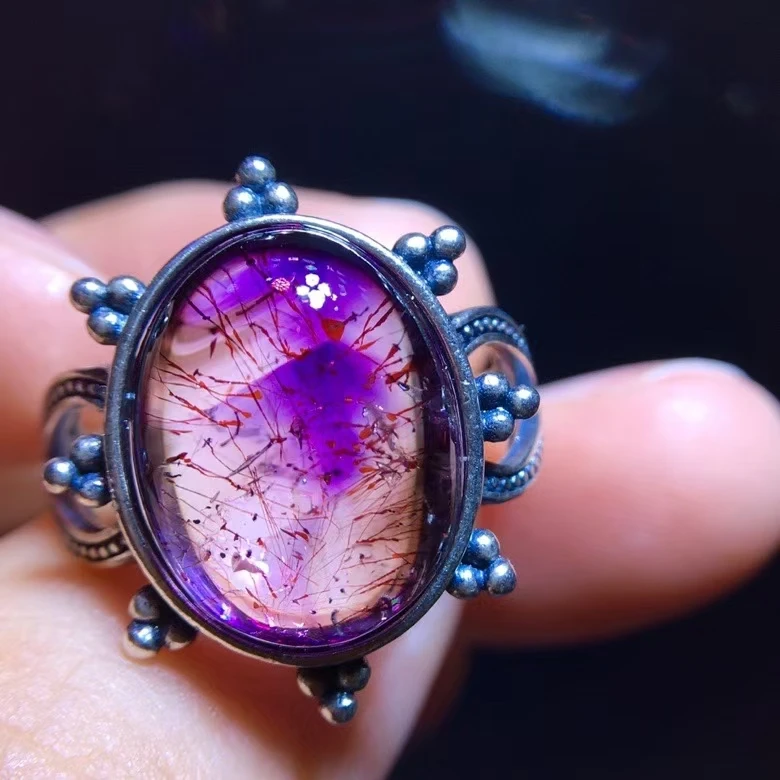 Natural Purple Super Seven 7 Red Lepidocrocite Quartz Adjustable Ring 14.8/11.4mm Red Rutilated Women Men Jewelry AAAAAA