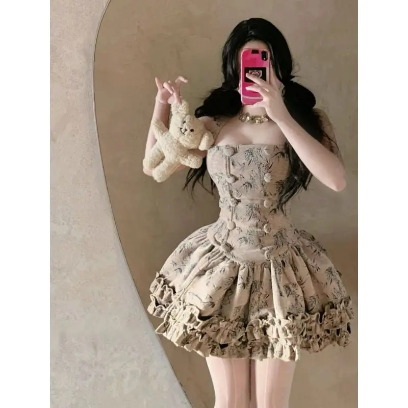 Coalfell Vintage Haute Couture Short Fur Collar Jacket+waistband Double Breasted Slimming Suspender Fluffy Princess Dress Set