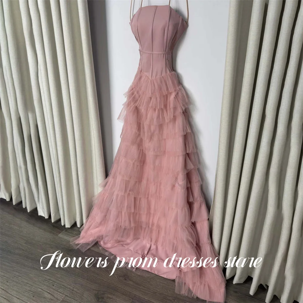

Flowers Blush Pink Party Dresses Strapless Zipper Back Evening Dress Layered Prom Gown A Line فساتين سهره Customized